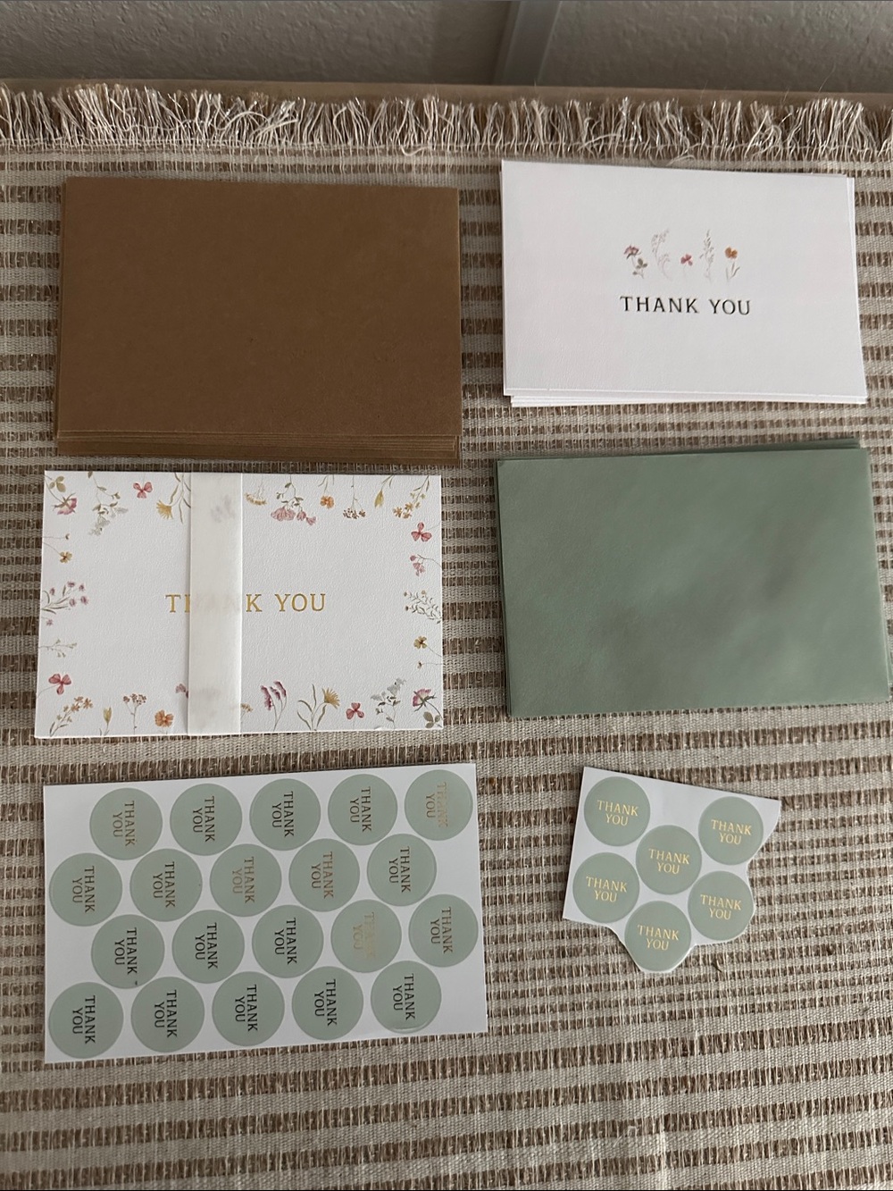 Floral “Thank You” 15 Card Set with Green and Brown Envelopes and stickers
